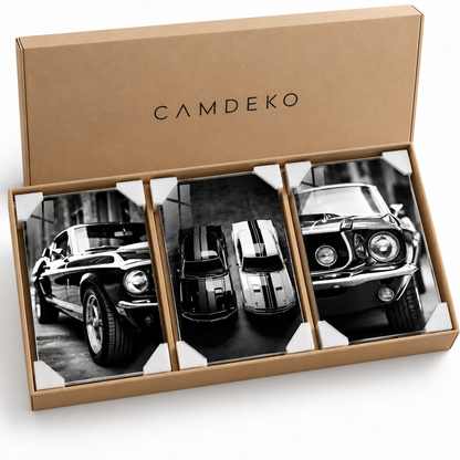 CAMDEKO klasik otomobil üçlü cam tablo sade korumalı paketleme