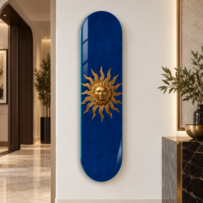 Kraliyet mavisi ve altın güneş desenli Skate Board cam tablo - farklı premium mekan