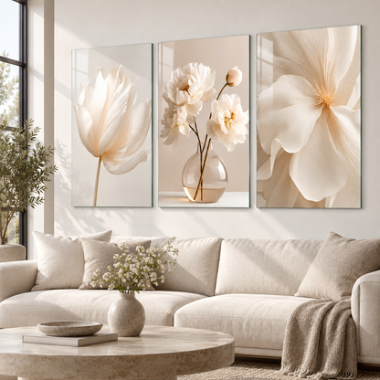Krem beyaz çiçekli üçlü cam tablo modern salon görünümü