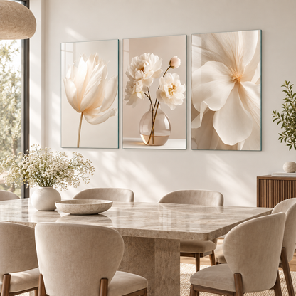 Krem beyaz çiçekli üçlü cam tablo modern yemek odası görünümü