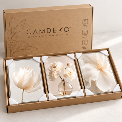 CAMDEKO krem beyaz çiçekli üçlü cam tablo korumalı kraft paketleme
