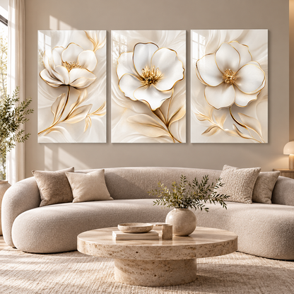 CAMDEKO gold detaylı krem beyaz çiçekler üçlü dikey cam tablo – salon görünümü