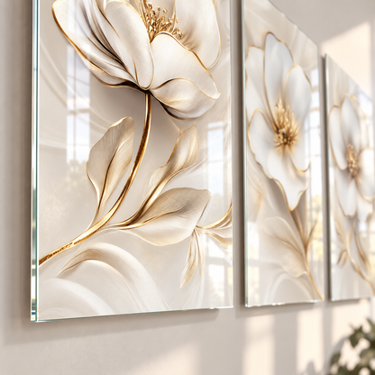 CAMDEKO gold detaylı krem beyaz çiçekler üçlü dikey cam tablo – ince cam kenarı
