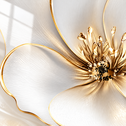 CAMDEKO gold detaylı krem beyaz çiçekler üçlü dikey cam tablo – UV baskı detayı