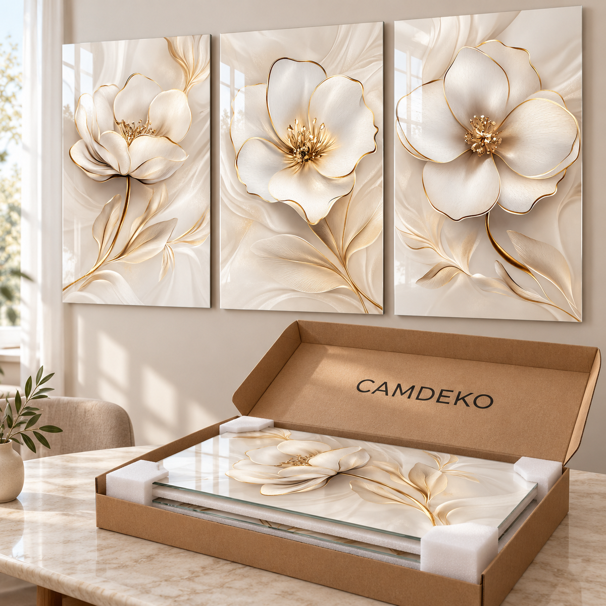 CAMDEKO gold detaylı krem beyaz çiçekler üçlü dikey cam tablo – koruyucu ambalaj