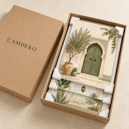 CAMDEKO Krem Zeytin Yeşili Kemerli Avlu Üçlü Cam Tablo — CAMDEKO ambalaj