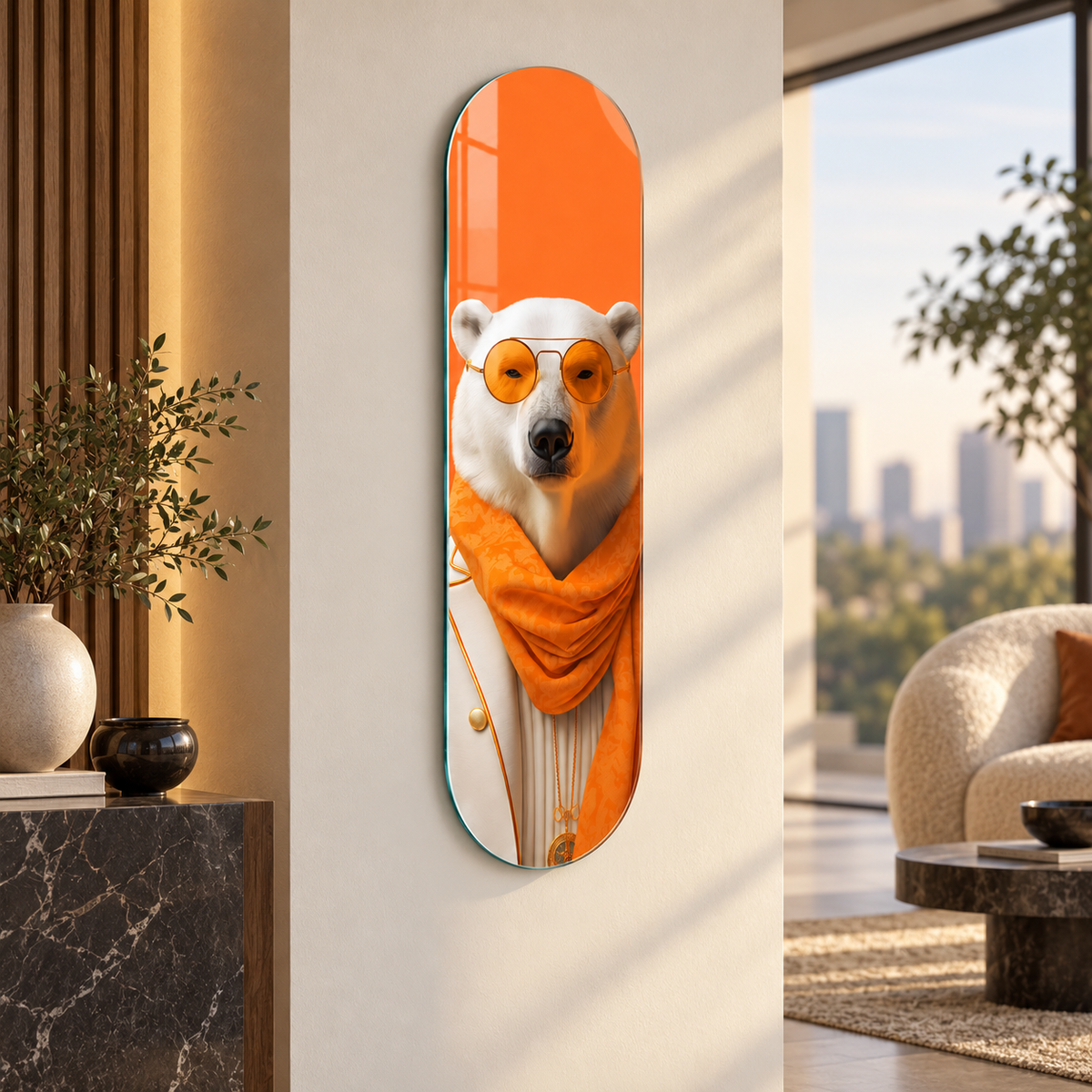 Turuncu şallı gözlüklü kutup ayısı Skate Board cam tablo - alternatif premium mekan