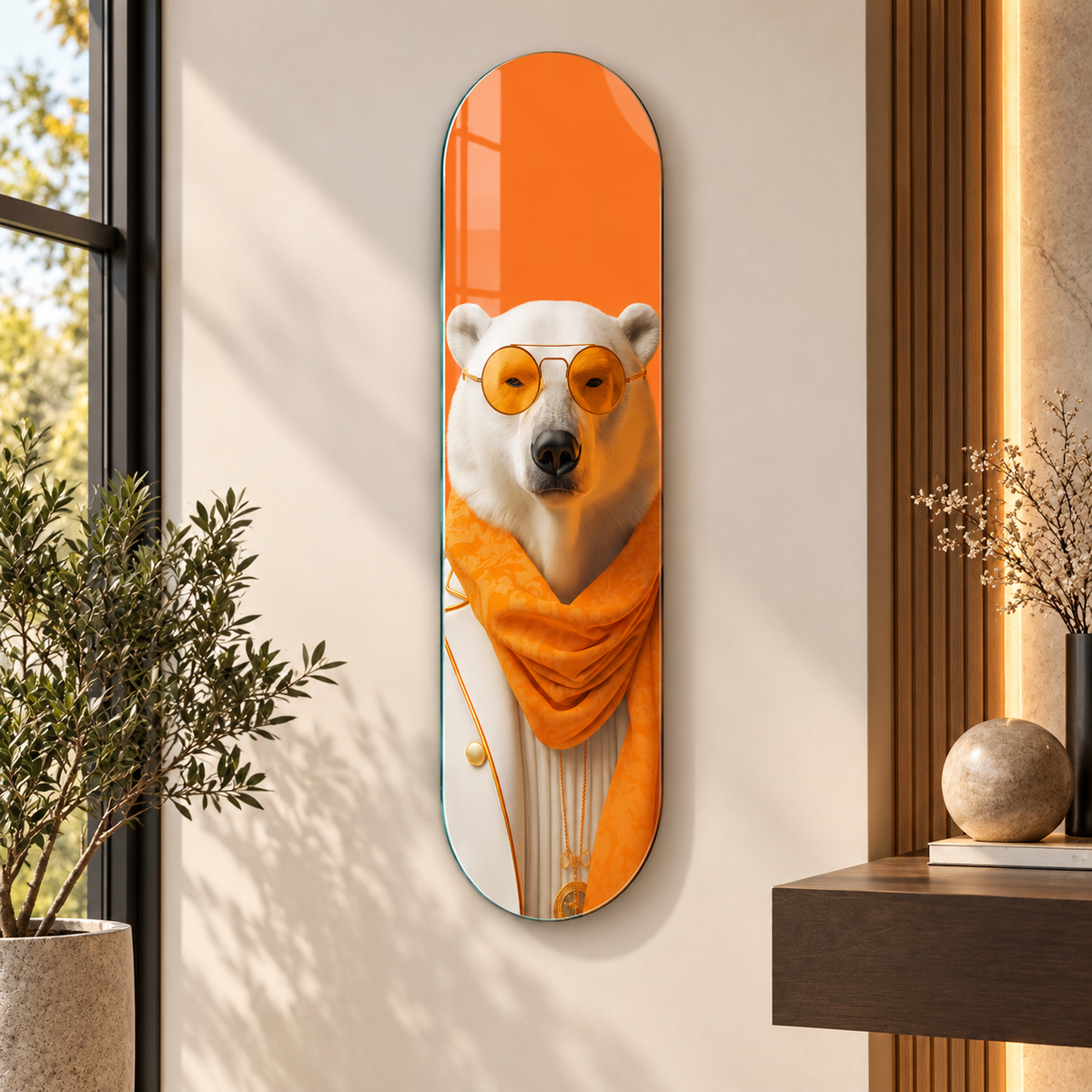 Turuncu şallı gözlüklü kutup ayısı Skate Board cam tablo - farklı premium mekan