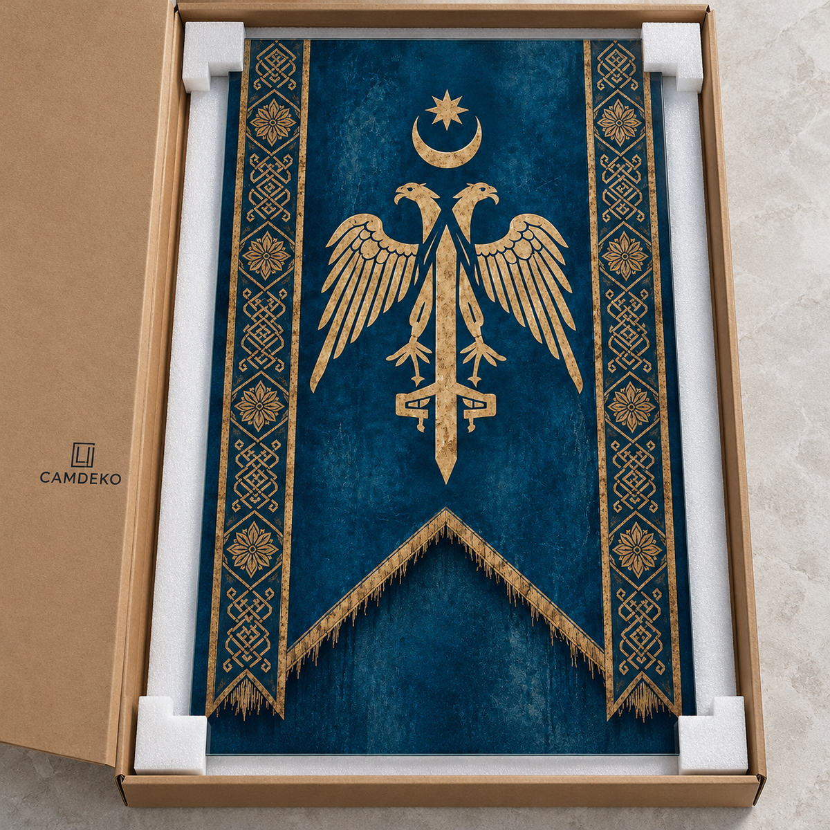Lacivert Gold Çift Başlı Kartal Dikey Cam Tablo - Koruyucu paketleme