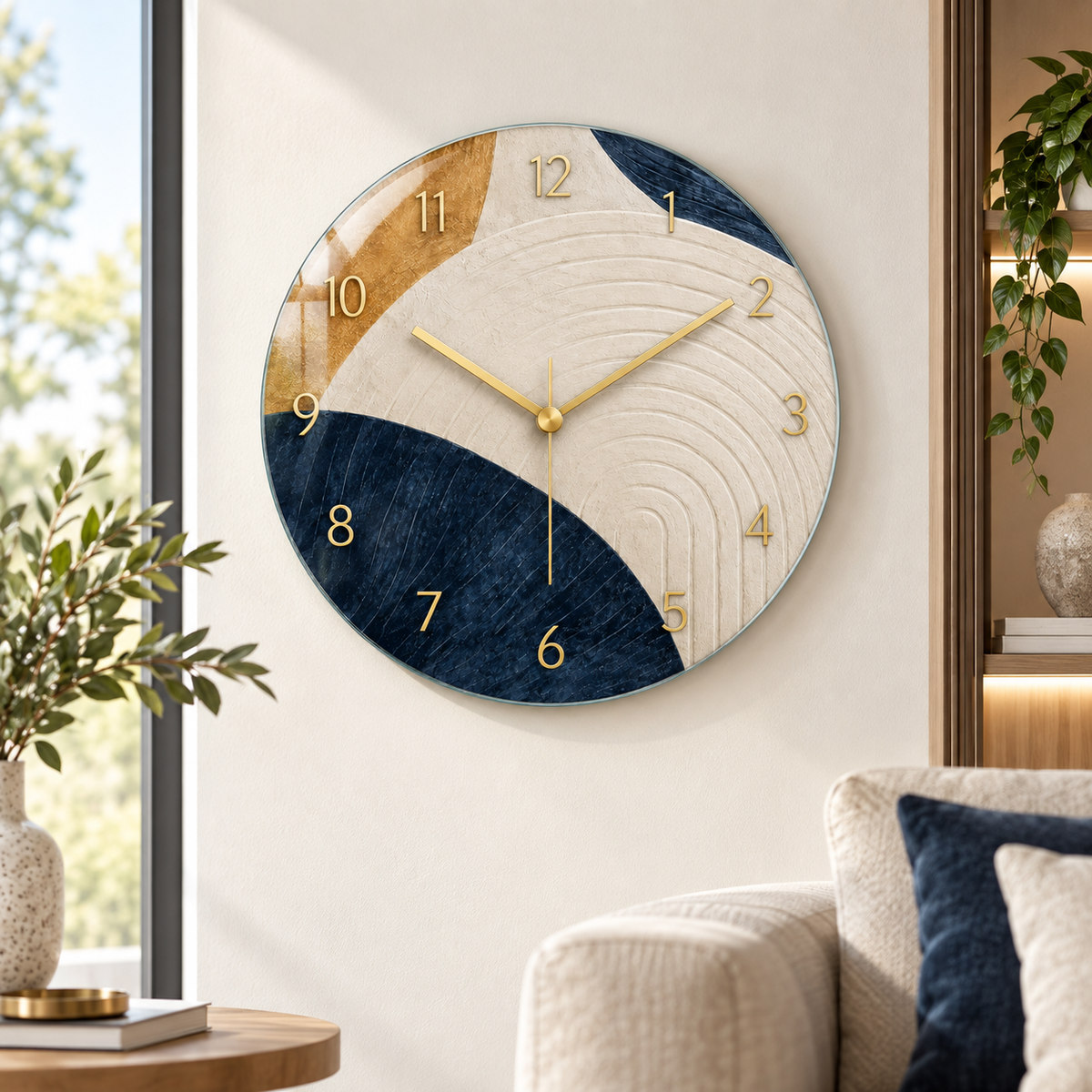 Lacivert gold soyut cam duvar saati - modern yaşam alanı