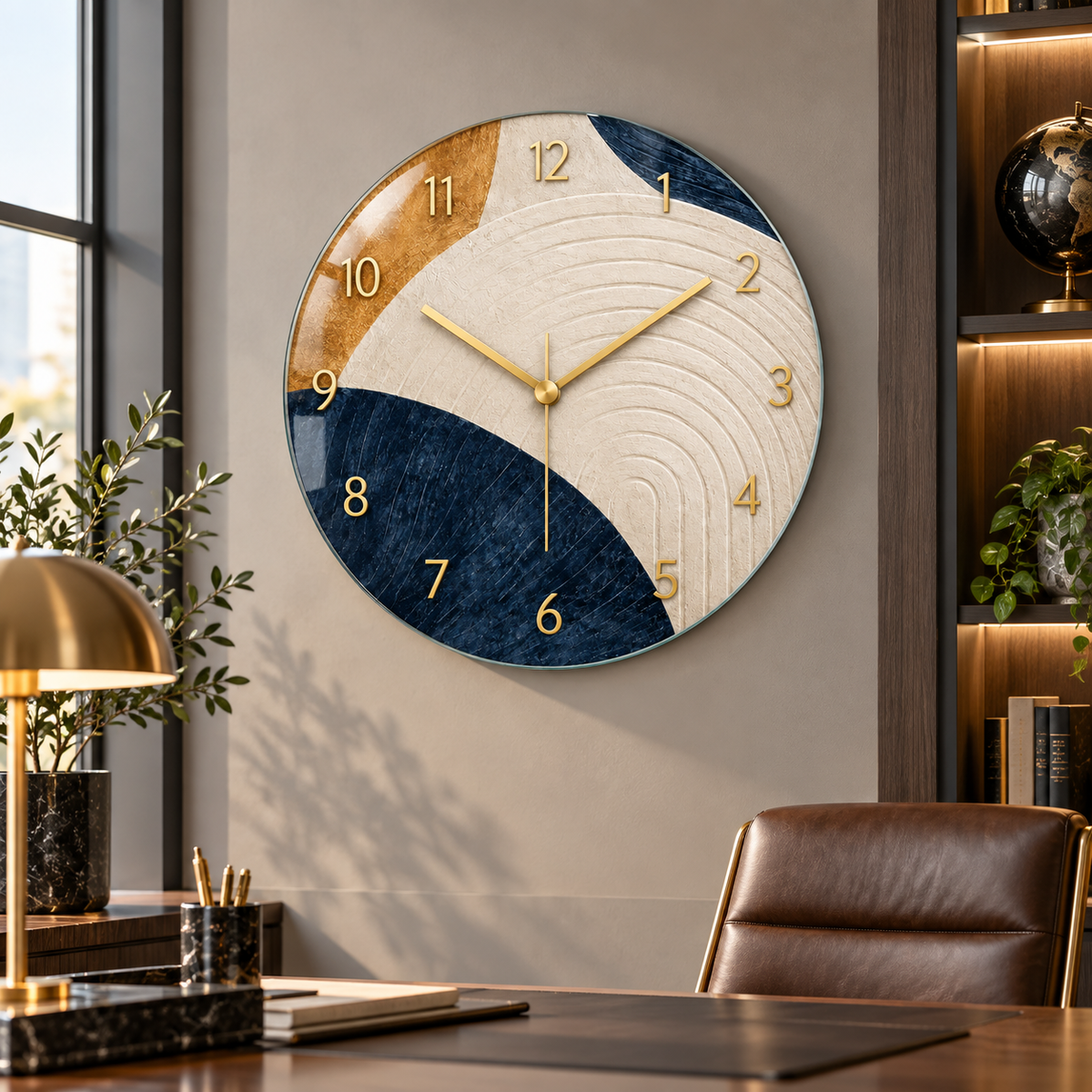 Lacivert gold soyut cam duvar saati - ofis görünümü