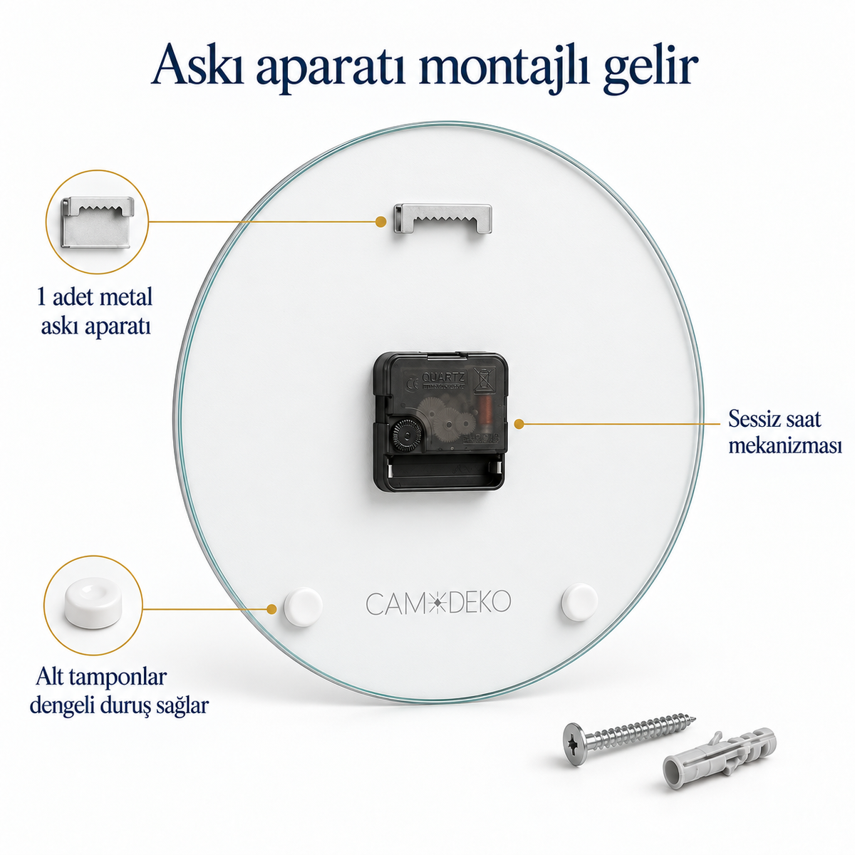 CAMDEKO cam saat askı aparatı, sessiz mekanizma ve alt tamponlar