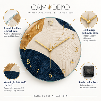 Lacivert gold soyut cam duvar saati - dekoratif mekân görünümü
