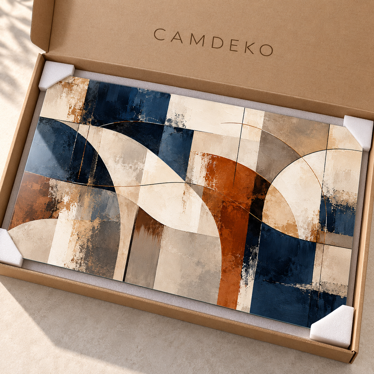 Lacivert Terakota Geometrik Soyut Yatay Cam Tablo - Koruyucu köşelerle kraft kutuda paketleme