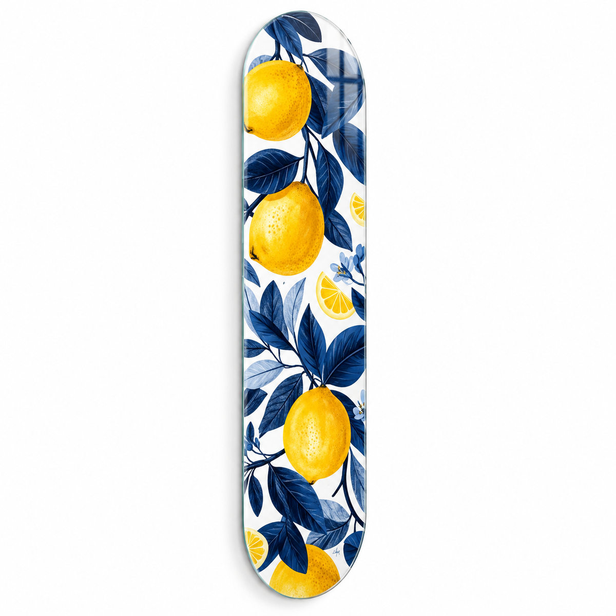 Limon ve lacivert yaprak desenli Skate Board cam tablo - beyaz zemin