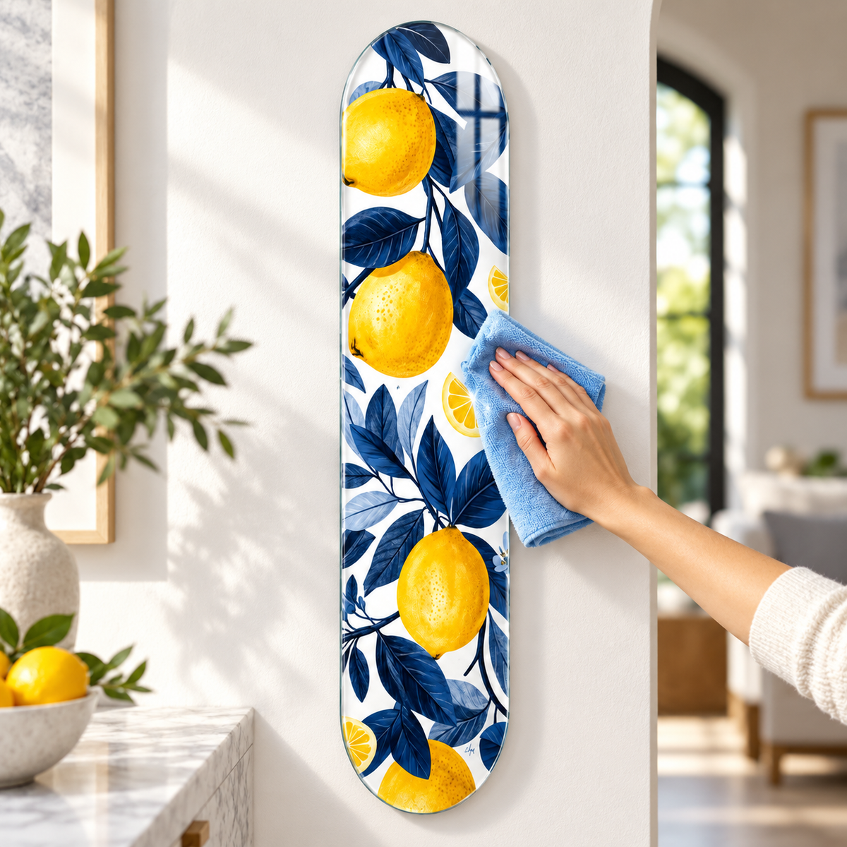 Cam tablo kolay temizlik - limon ve lacivert yaprak desenli model