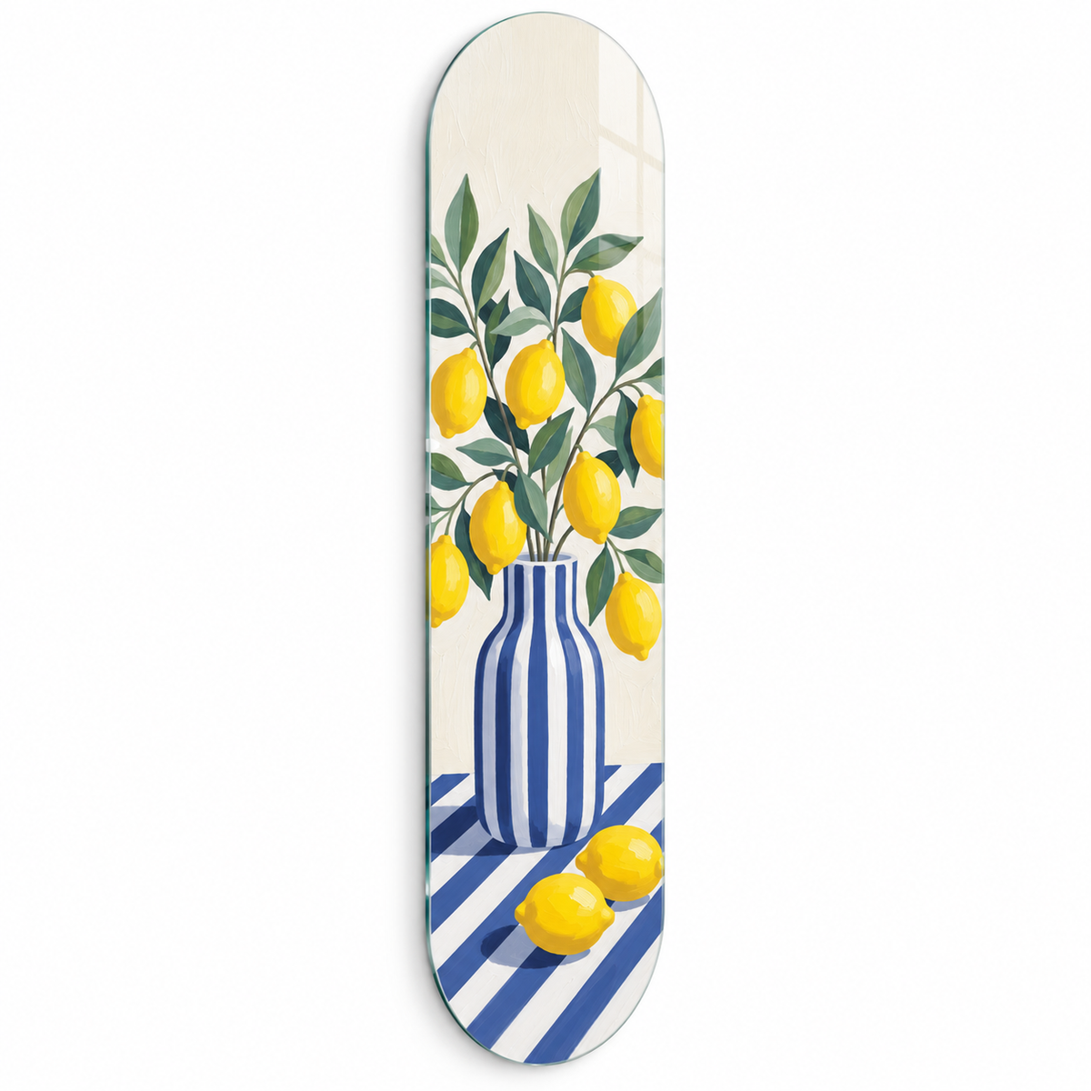 Limon ve mavi çizgili vazo temalı Skate Board cam tablo - beyaz zemin