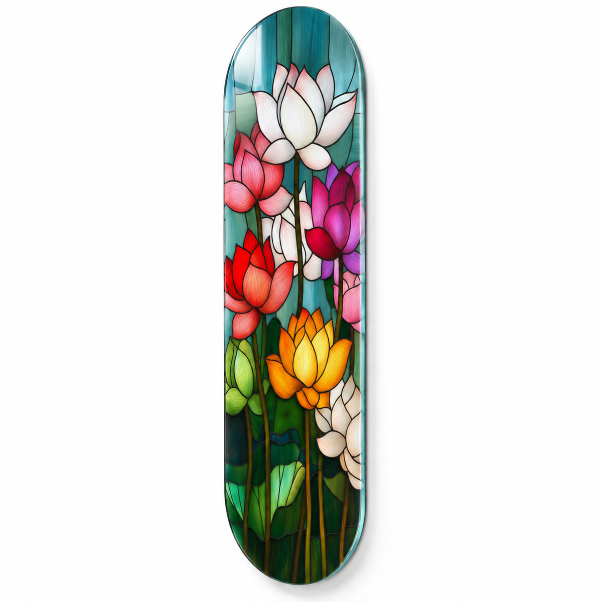 Renkli lotus vitray desenli Skate Board cam tablo - beyaz zemin