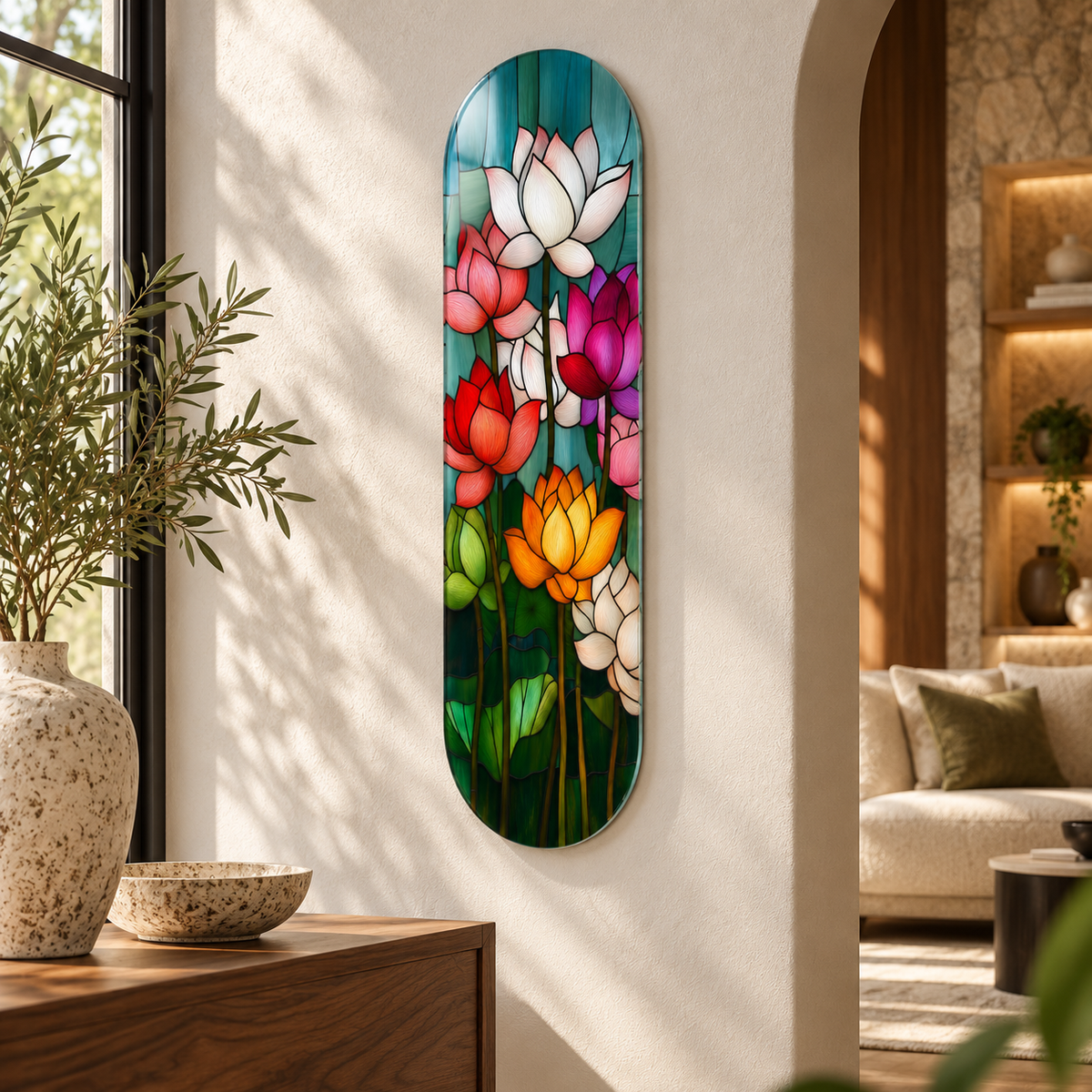 Renkli lotus vitray desenli Skate Board cam tablo - alternatif premium mekan
