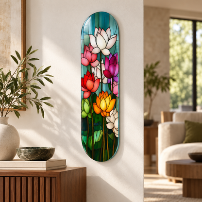 Renkli lotus vitray desenli Skate Board cam tablo - farklı premium mekan