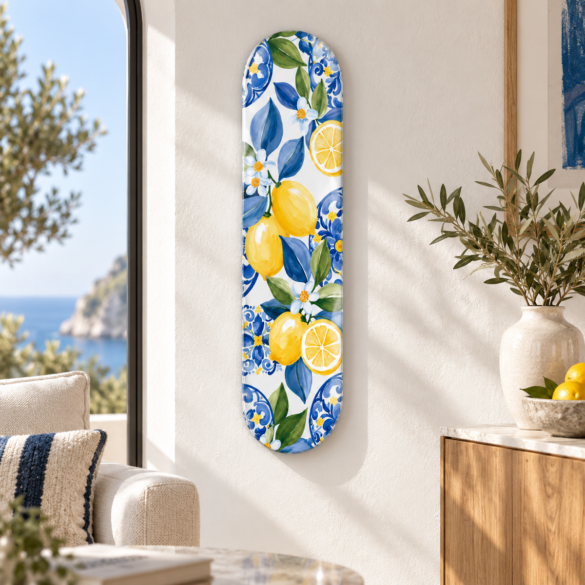 Mavi çini ve limon desenli Skate Board cam tablo - premium mekan