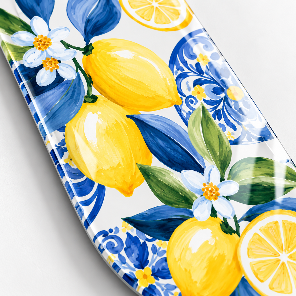 Mavi çini ve limon desenli UV baskı detay görseli