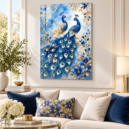 Mavi gold tavus kuşları cam tablo lüks salon mockup