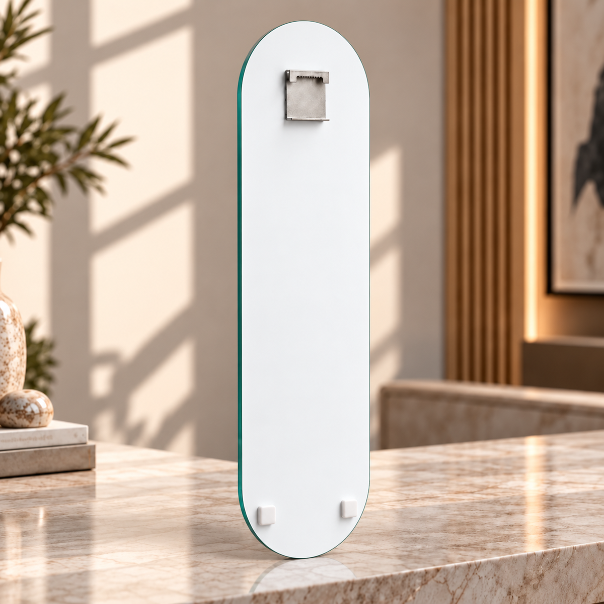 Skate Board cam tablo beyaz arka yüz - üst ortada tek hazır çelik askı ve altta iki beyaz tampon