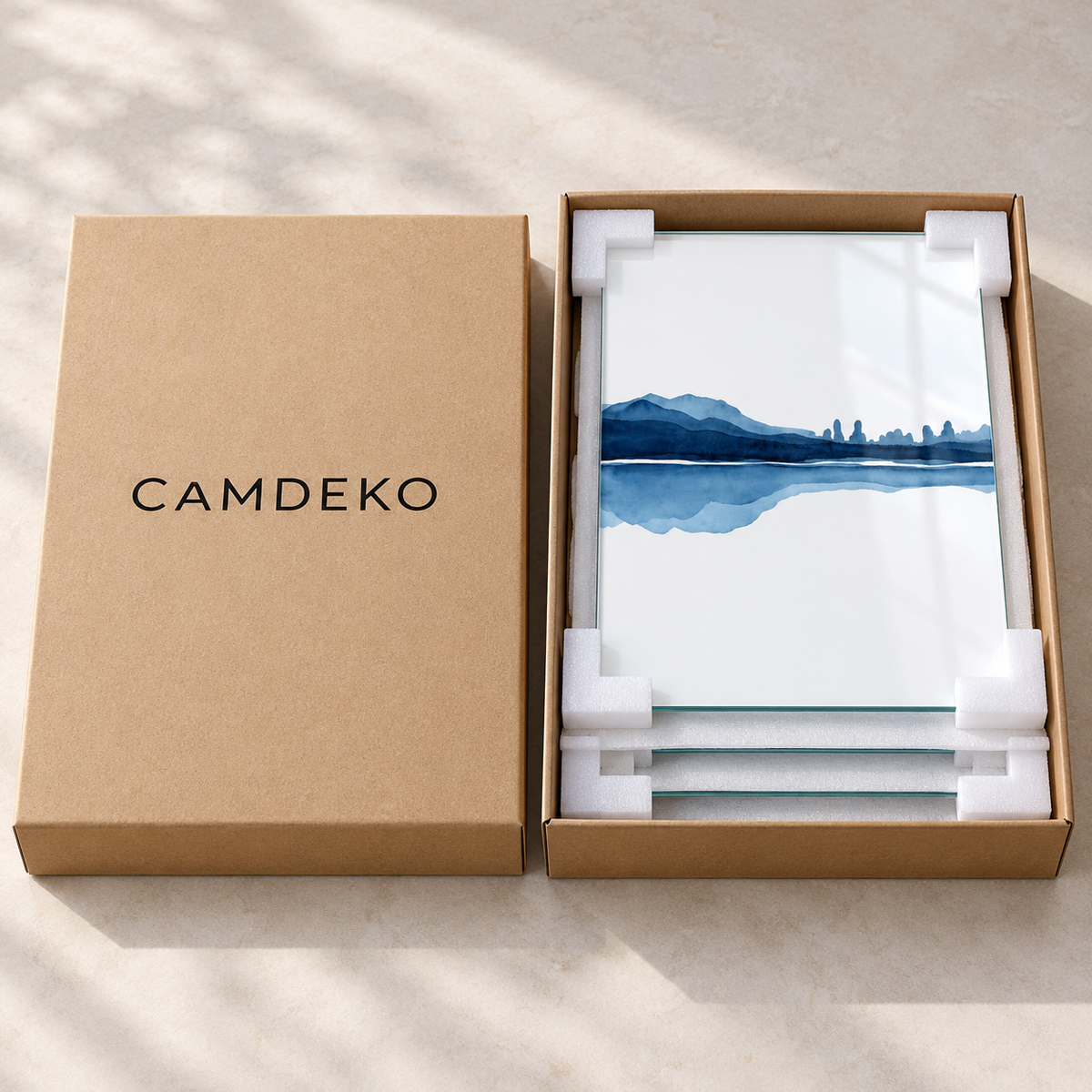 CAMDEKO Mavi Suluboya Dağlar Üçlü Cam Tablo — CAMDEKO koruyucu ambalaj