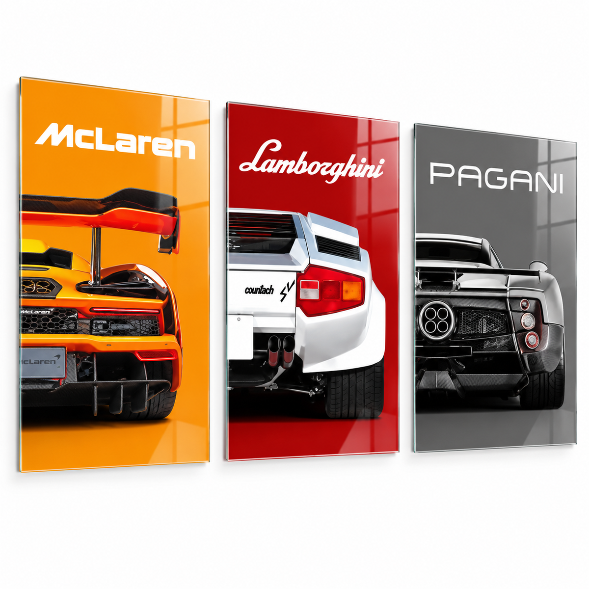 McLaren Lamborghini Pagani süper otomobil 3'lü cam tablo beyaz zemin vitrin