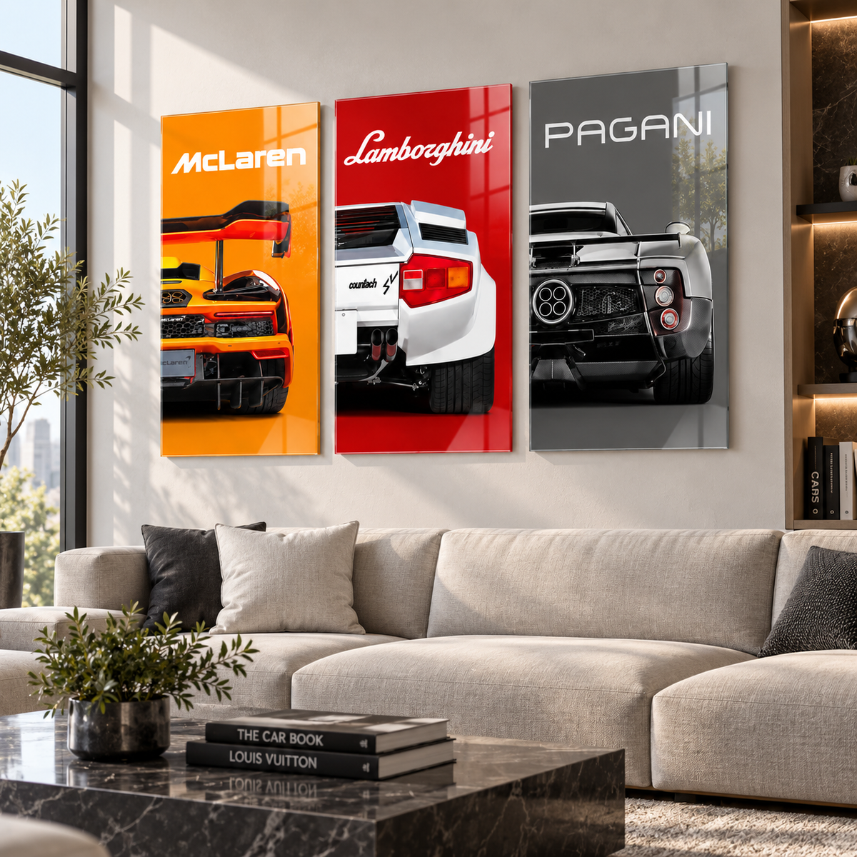 McLaren Lamborghini Pagani süper otomobil 3'lü cam tablo premium salon