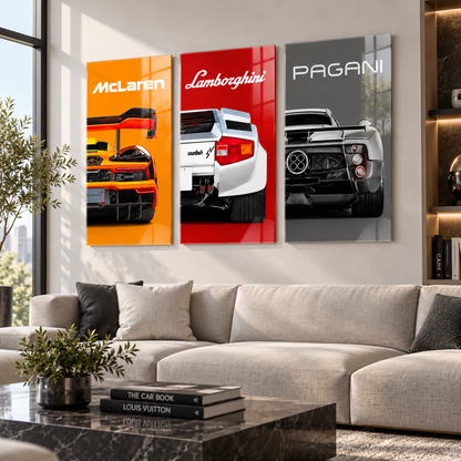 McLaren Lamborghini Pagani süper otomobil 3'lü cam tablo premium salon