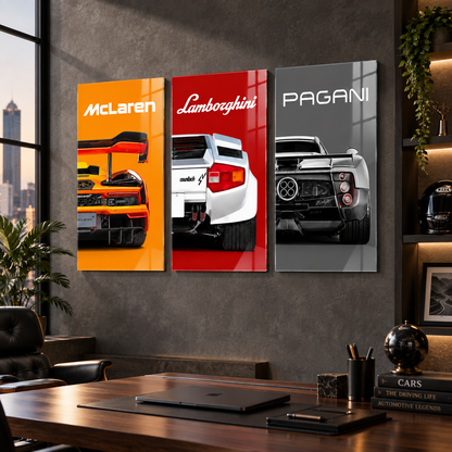 McLaren Lamborghini Pagani süper otomobil 3'lü cam tablo premium ofis