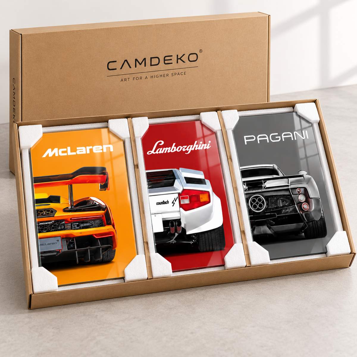 CAMDEKO McLaren Lamborghini Pagani üçlü cam tablo sade korumalı paketleme