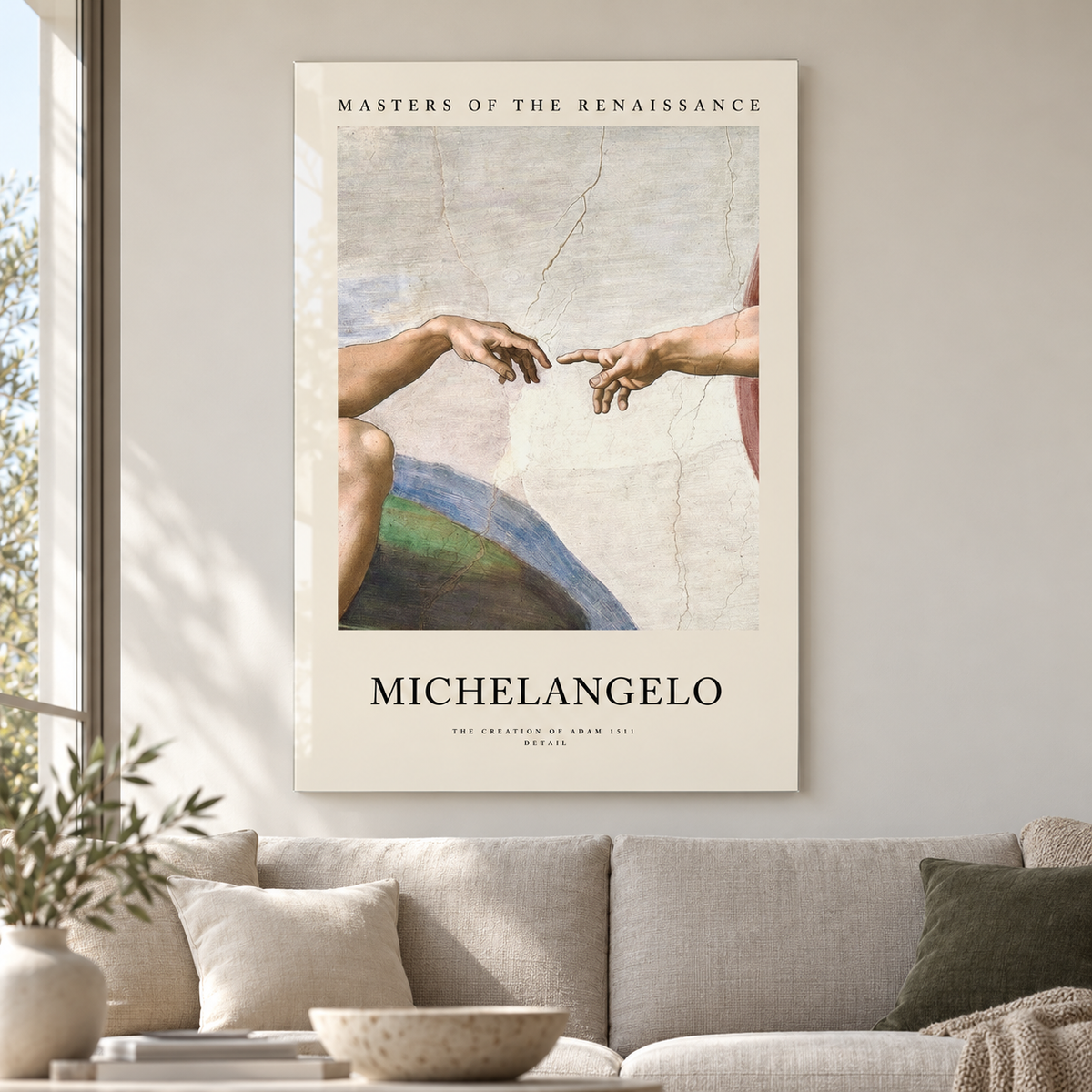 Michelangelo Âdem’in Yaratılışı Dikey Cam Tablo - Premium salon