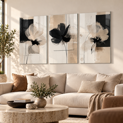 Modern soyut siyah bej çiçekli 3'lü cam tablo premium salon