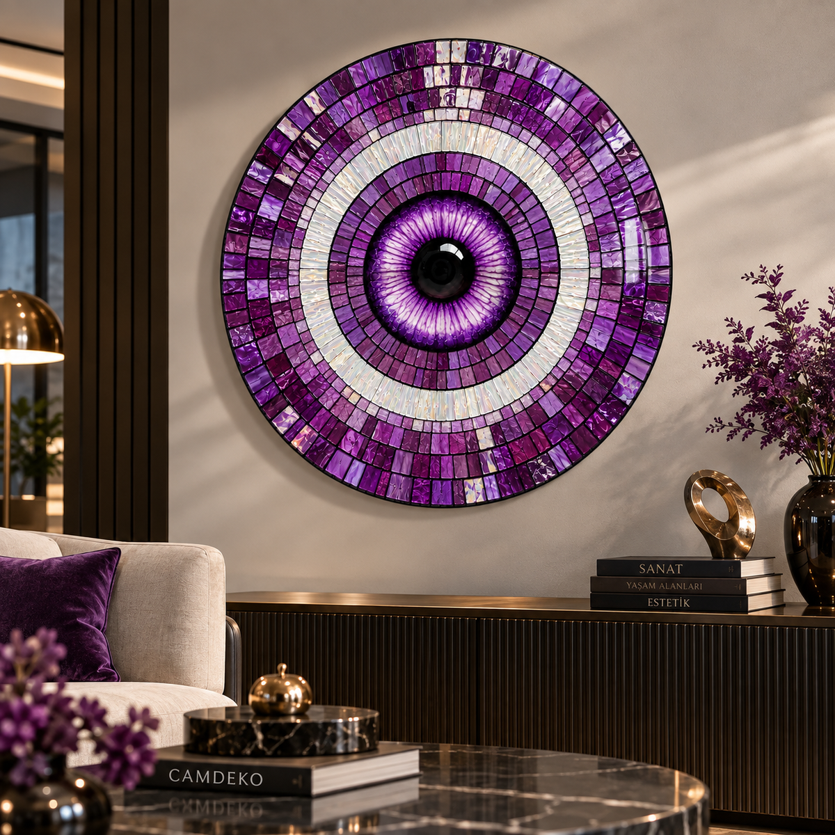 Mor mozaik göz yuvarlak cam tablo premium salon dekorasyonunda
