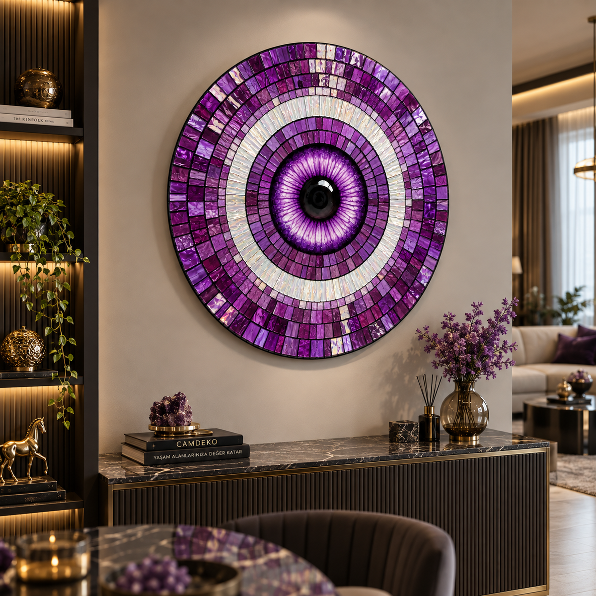 Mor yuvarlak cam tablo modern salon duvarında