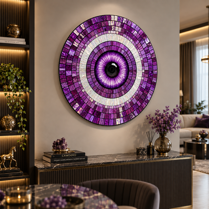 Mor yuvarlak cam tablo modern salon duvarında