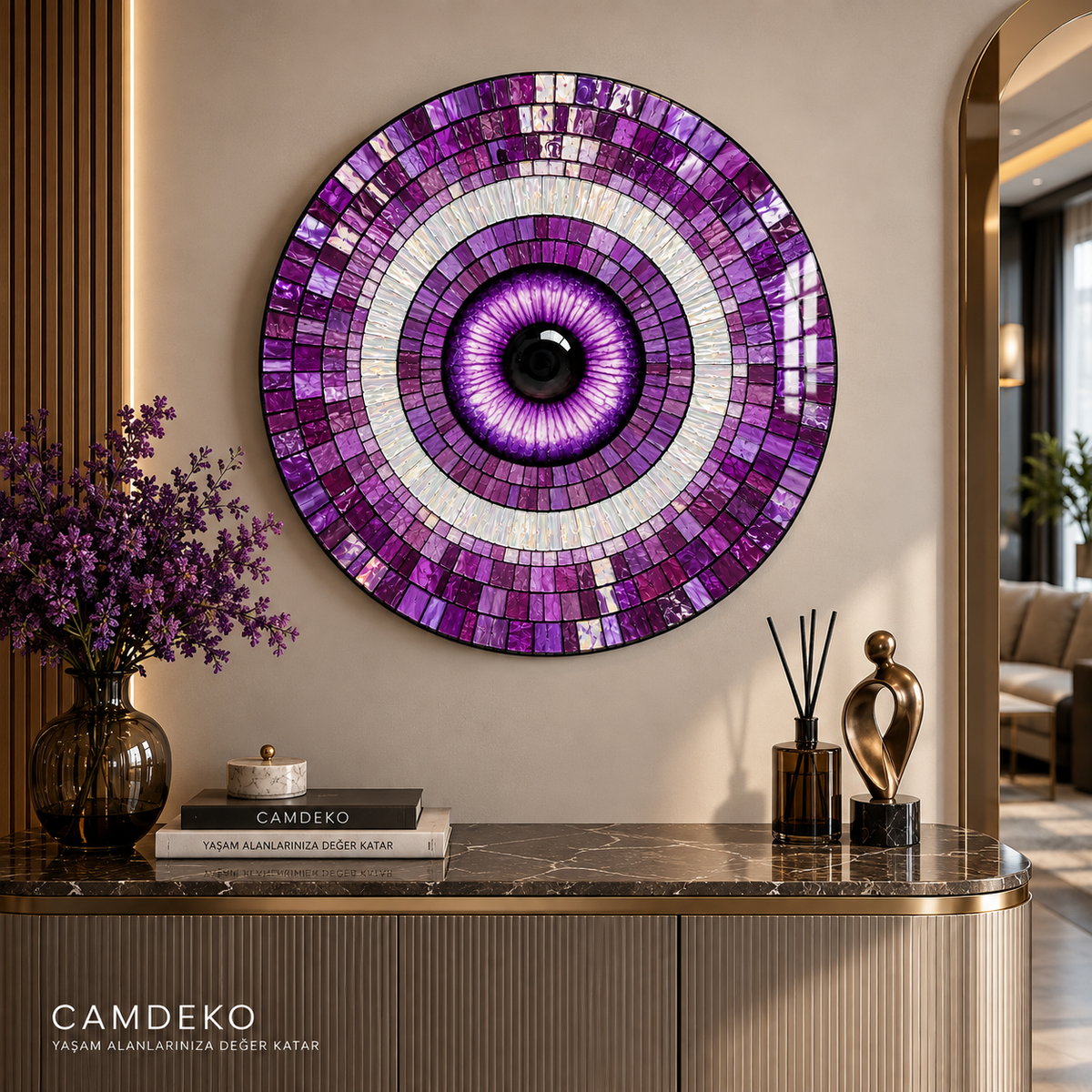 Mor yuvarlak cam tablo modern ev dekorasyonu