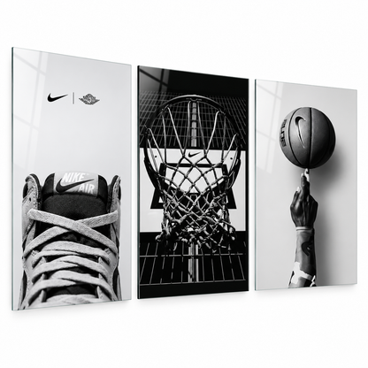 Nike basketbol temalı siyah beyaz 3'lü cam tablo beyaz zemin vitrin