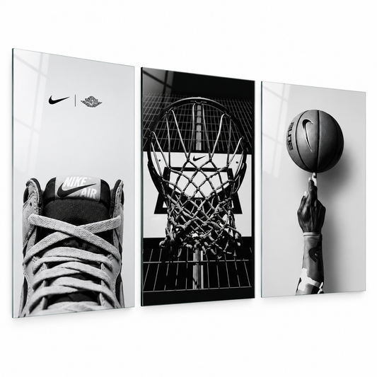 Nike basketbol temalı siyah beyaz 3'lü cam tablo beyaz zemin vitrin