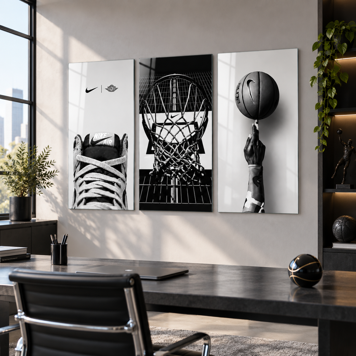 Nike basketbol temalı siyah beyaz 3'lü cam tablo premium çalışma odası