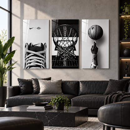 Nike basketbol temalı siyah beyaz 3'lü cam tablo premium salon
