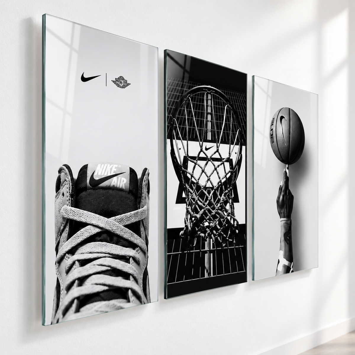 CAMDEKO basketbol temalı üçlü cam tablo yaklaşık 2 cm duvar mesafesi