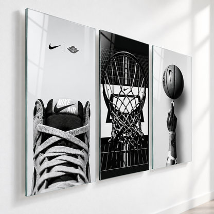 CAMDEKO basketbol temalı üçlü cam tablo yaklaşık 2 cm duvar mesafesi