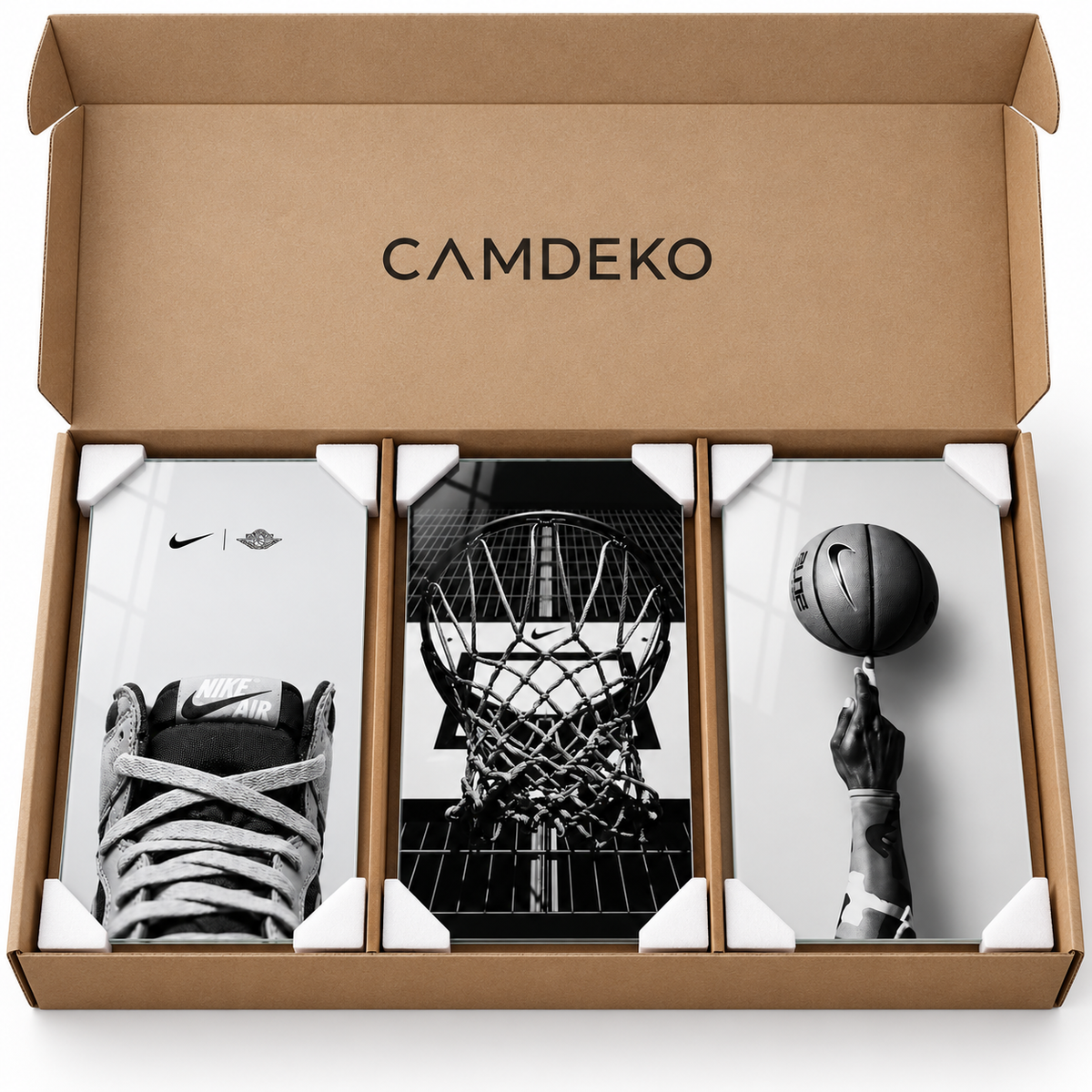 CAMDEKO basketbol temalı üçlü cam tablo sade korumalı paketleme
