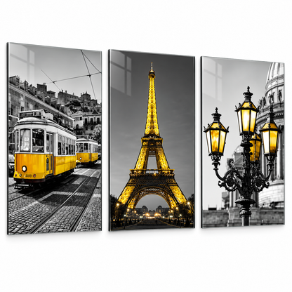 Sarı tramvay Eyfel Kulesi ve Paris sokak lambaları 3'lü cam tablo beyaz zemin vitrin