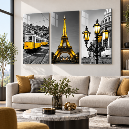 Paris şehir temalı 3'lü cam tablo modern salon