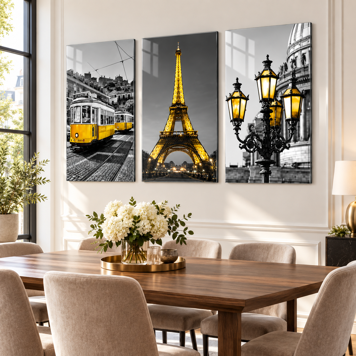 Paris şehir temalı 3'lü cam tablo yemek odası